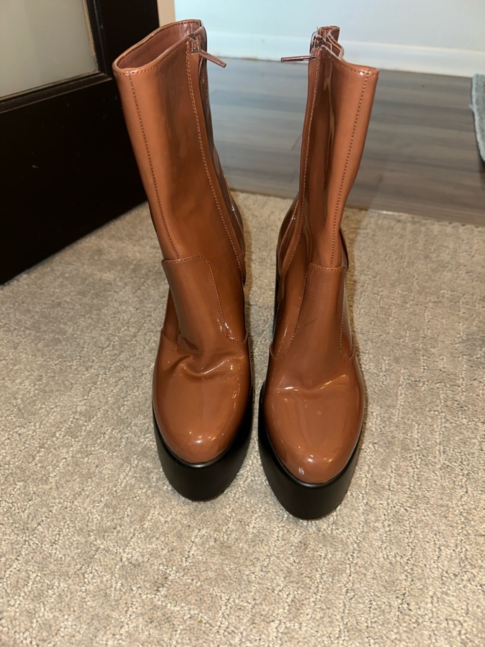 Gianni Bini Tan Patent Platform Ankle Boots